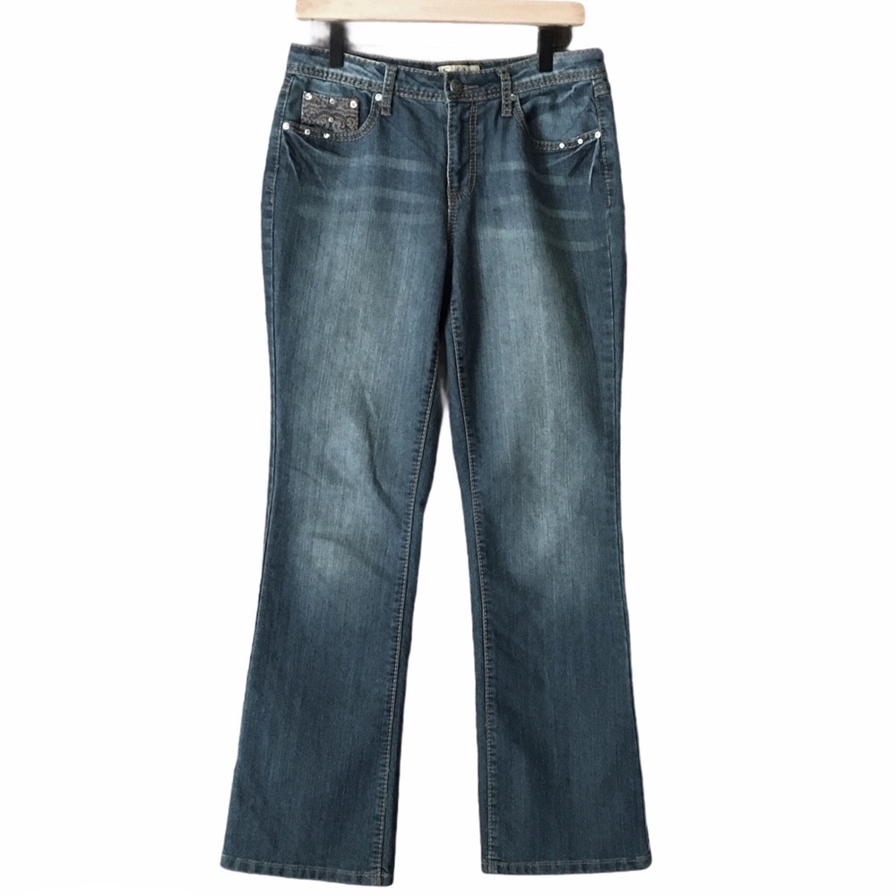 EARL JEANS Bootcut Bling Embroidered Pockets Mid Rise Stretch Denim Western 8